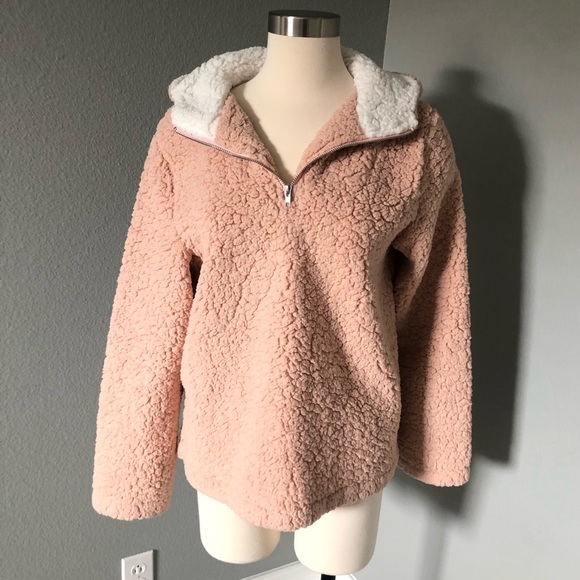 Coeur de Vague Blush Fluffy Quarter-Zip Plush Hoodie Fleece Sweatshirts - Picture 4 of 16